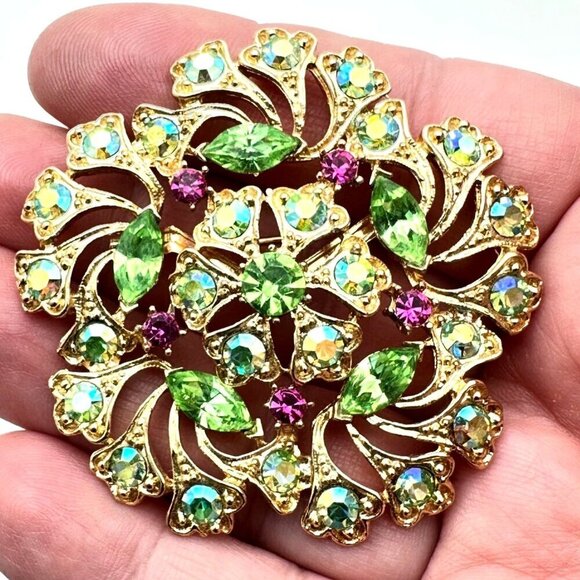 Weiss Womens Brooch Pin Gold Tone Metal Glass Rhinestone Pink Green Vintage - Picture 1 of 5